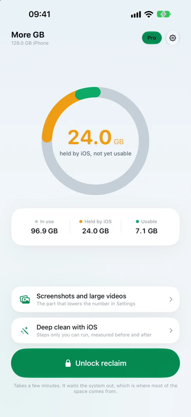 More GB home screen: 24.0 GB held by iOS, 96.9 GB in use and 7.1 GB usable on a 128 GB iPhone.